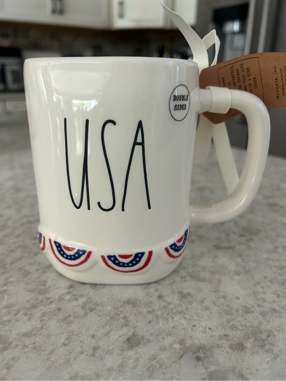 “New” Rae Dunn White Mug with Red & Blue Trim - USA Design